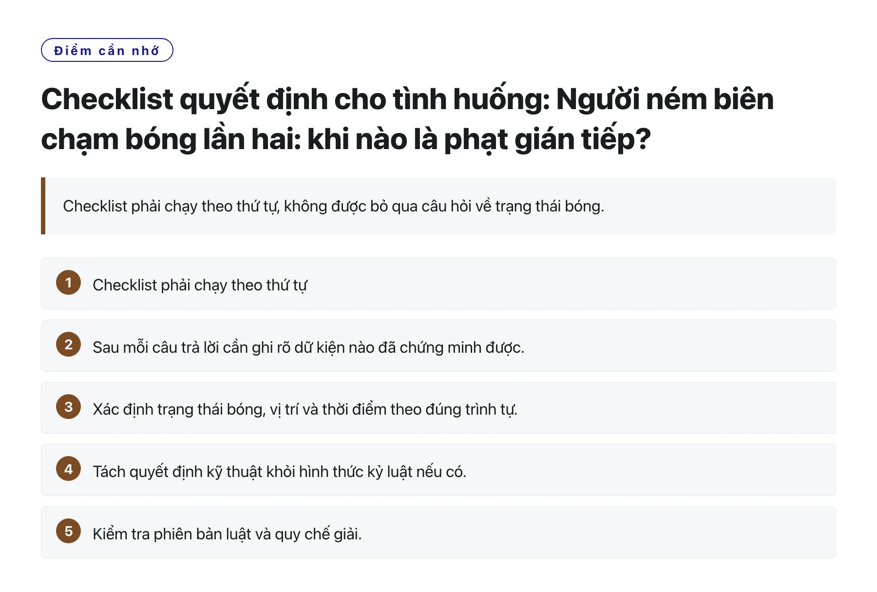Checklist quyết định cho tình huống: Người ném biên chạm bóng lần hai: khi nào là phạt gián tiếp?——全文要点速览